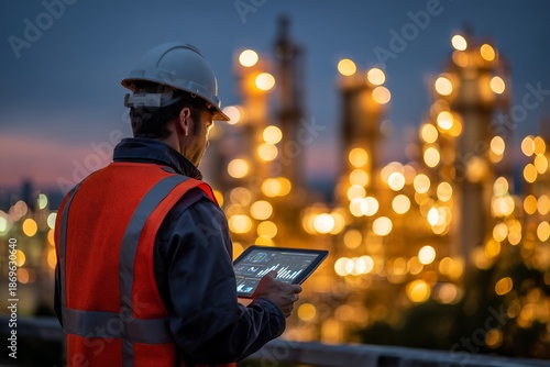 Industrial engineer monitoring data on tablet display at night against blurred refinery plant lights, concept for industrial safety, energy efficiency and predictive maintenance