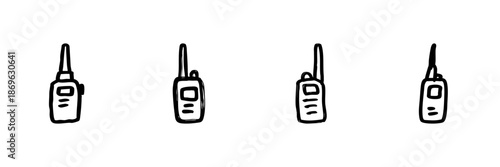 Walkie Talkie Line Icon Set In Doodle Style. Communication, Radio Transmission, And Two-Way Radio Outline Sketch Collection. Hand Drawn Isolated Vector Illustration