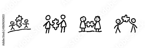 Children Holding Puzzle Pieces Line Icon Set In Doodle Style. Teamwork, Collaboration, And Problem-Solving Outline Sketch. Educational And Social Skills Development. Hand Drawn Vector Illustration
