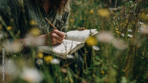 Close-up of a creative professional writing notes in a rustic journal outdoors in a sunny wild flower meadow, concept for mindfulness workshops, nature journaling promotion and lifestyle blogging