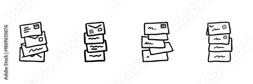 Stacked Envelopes Line Icon Set In Doodle Style. Mail Organization, Communication, And Correspondence Management Outline Sketch Collection. Hand Drawn Isolated Vector Illustration