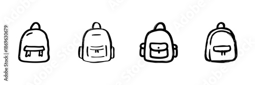 Backpack Line Icon Set In Doodle Style. Travel, School, And Adventure Bag Outline Sketch Collection. Hand Drawn Isolated Vector Illustration