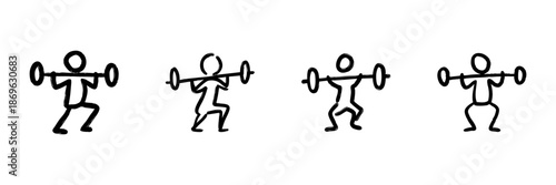 Stick Figure Weightlifting Line Icon Set In Doodle Style. Strength Training, Fitness, And Exercise Routine Outline Sketch Collection. Hand Drawn Isolated Vector Illustration