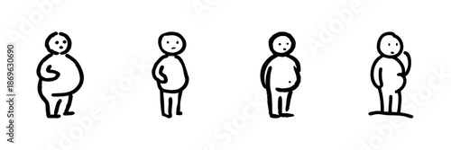 Four Body Shapes Line Icon Set In Doodle Style. Body Diversity, Health Awareness, And Self-Acceptance Outline Sketch Collection. Hand Drawn Isolated Vector Illustration