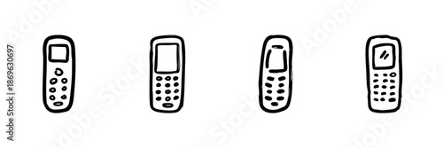 Retro Mobile Phones Line Icon Set In Doodle Style. Vintage Communication Devices And Classic Cellphones Outline Sketch Collection. Nostalgic Technology. Hand Drawn Isolated Vector Illustration