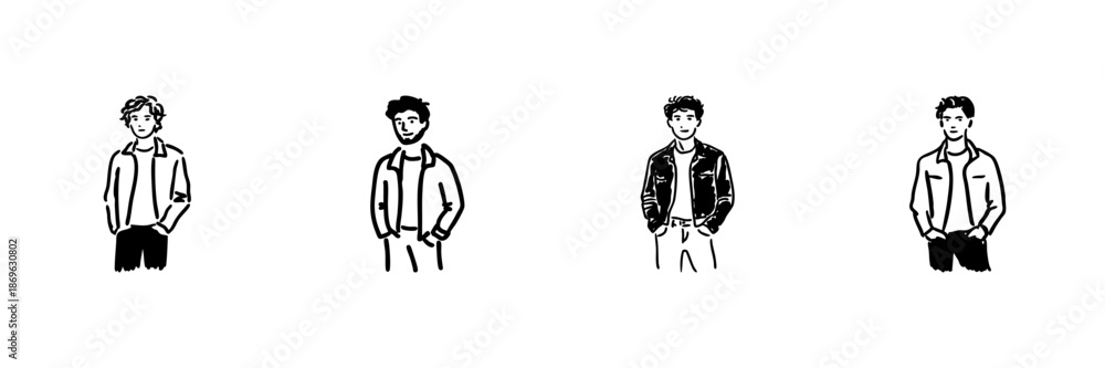 Fototapeta premium Four Male Figures In Casual Jackets Line Icon Set In Doodle Style. Fashion And Style Representation Outline Sketch Collection. Hand Drawn Isolated Vector Illustration
