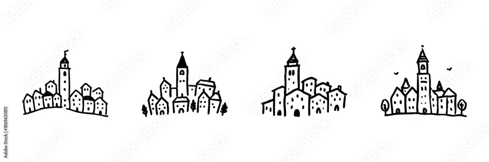 Fototapeta premium Charming Village Skyline Line Icon Set In Doodle Style. Quaint Townscape, Architecture, And Community Outline Sketch Collection. Hand Drawn Isolated Vector Illustration