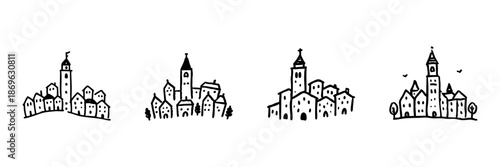 Charming Village Skyline Line Icon Set In Doodle Style. Quaint Townscape, Architecture, And Community Outline Sketch Collection. Hand Drawn Isolated Vector Illustration