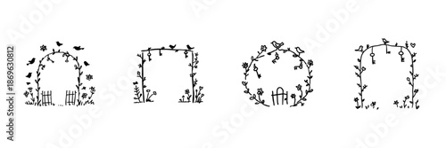 Garden Archway Line Icon Set In Doodle Style. Nature, Serenity, And Secret Garden Theme Outline Sketch Collection. Whimsical Floral And Key Elements. Hand Drawn Isolated Vector Illustration