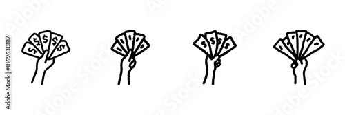 Hand Holding Money Line Icon Set In Doodle Style. Financial Success, Wealth, And Cash Flow Representation Outline Sketch. Economic Prosperity Symbols. Hand Drawn Isolated Vector Illustration