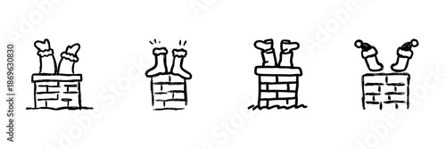 Santa Claus Stuck In Chimney Line Icon Set In Doodle Style. Christmas Holiday, Festive Celebration, And Santa'S Arrival Outline Sketch Collection. Hand Drawn Isolated Vector Illustration