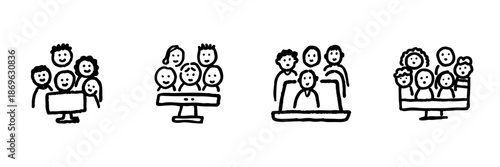 Group Video Conference Line Icon Set In Doodle Style. Virtual Meeting, Online Collaboration, And Remote Communication Outline Sketch Collection. Hand Drawn Isolated Vector Illustration