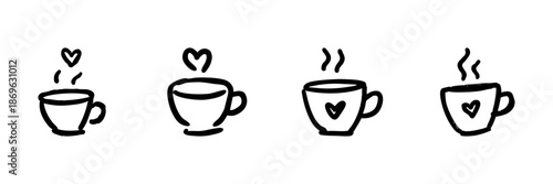 Coffee Cups With Heart Line Icon Set In Doodle Style. Warm Beverage, Love For Coffee, And Cozy Moments Outline Sketch Collection. Hand Drawn Isolated Vector Illustration