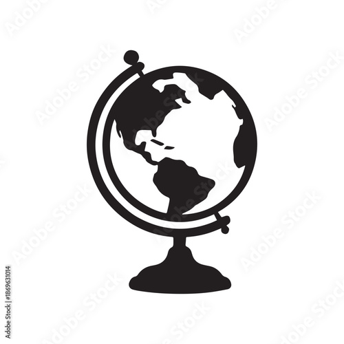 A classic black silhouette of a world globe on a stand, perfectly embodying concepts of global exploration, geography, education, and international connectivity, symbolizing universal understanding