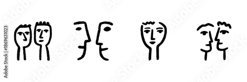 Abstract Faces Line Icon Set In Doodle Style. Human Interaction, Communication, And Expression Outline Sketch Collection. Minimalist Art. Hand Drawn Isolated Vector Illustration