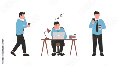 Flat vector illustration showing the same man in three different daily activities on a white background.