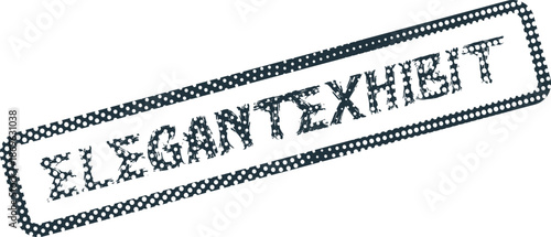 A vintage styled textured rubber stamp impression boldly displays the word ELEGANTEXHIBIT on a surface