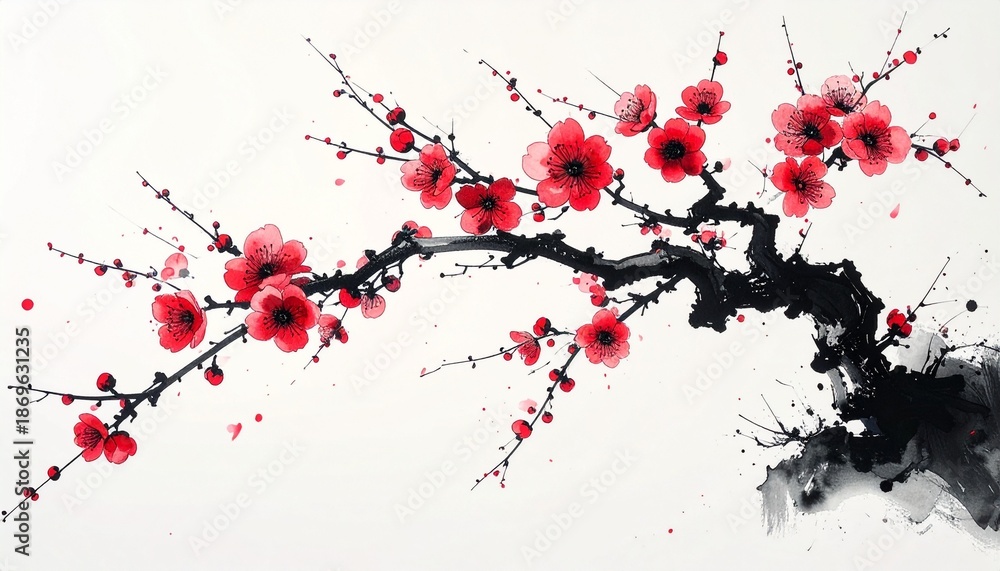 Naklejka premium A beautiful ink painting of a plum tree drawn with a brush 筆で描いた美しい梅の木の墨絵