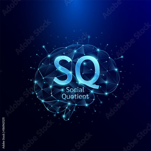 SQ Social Quotient symbol in brain human. Style polygon glowing blue on a dark background. Intelligence balance of child. Leadership development growth concept. Vector.
