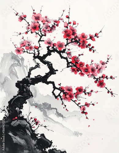 A beautiful ink painting of a plum tree drawn with a brush　筆で描いた美しい梅の木の墨絵