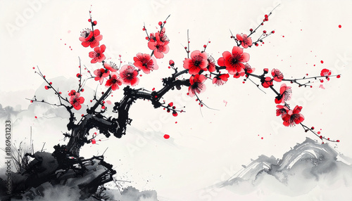 A beautiful ink painting of a plum tree drawn with a brush　筆で描いた美しい梅の木の墨絵