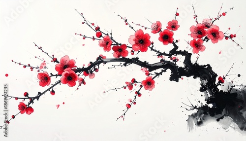 A beautiful ink painting of a plum tree drawn with a brush　筆で描いた美しい梅の木の墨絵