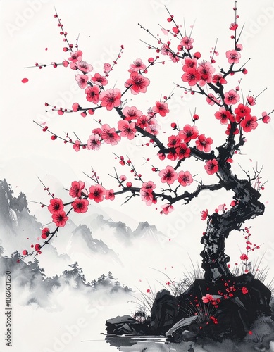A beautiful ink painting of a plum tree drawn with a brush　筆で描いた美しい梅の木の墨絵