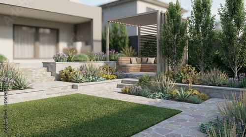 Contemporary multi level backyard with stone patio, lush green lawn, drought tolerant planting, pergola shaded seating, built in bench and terraced steps creating a serene outdoor living space