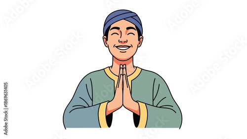 Illustration of a serene man praying with hands together and a gentle smile