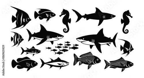 A collection of various black silhouette marine life including fish and seahorses