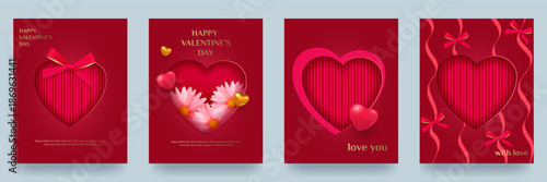 A Valentine s Day 3D backdrop set with red paper heart-shaped cutouts. Product display mockup. Stage display. Hearts, bows, textures.