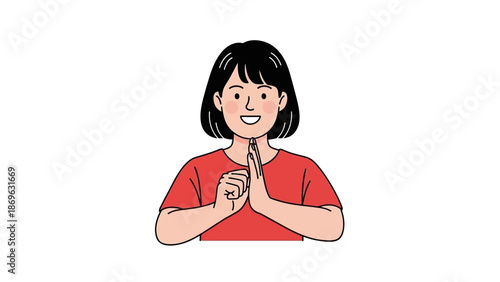 A smiling woman in a red shirt makes a gesture with her hands in a simple illustration.