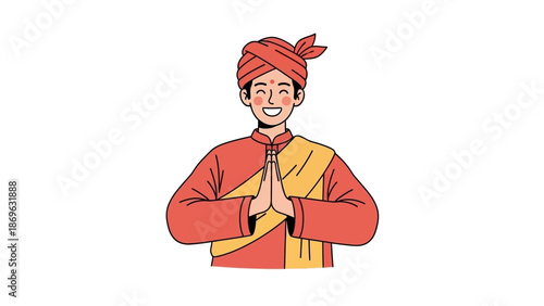 A man wearing traditional attire with hands clasped together in greeting or prayer.