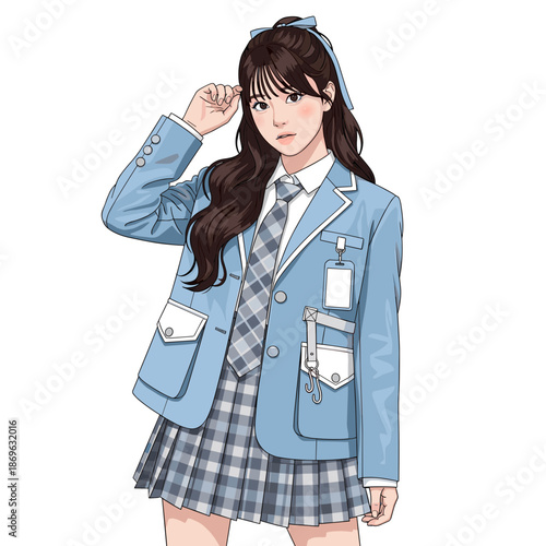 Beautiful teen female in light blue school uniform, South Korean style illustration.