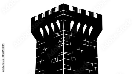 A black silhouette of a medieval castle tower with battlements and arched windows on a white background with illustration and graphic and icon