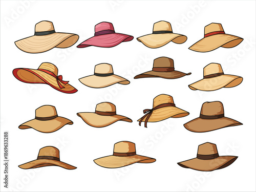 Collection of Straw Hats with Various Colors and Styles