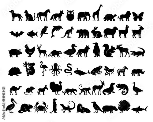 Animal silhouette icon set with 60 wildlife, farm animals, birds, insects and sea creatures in black