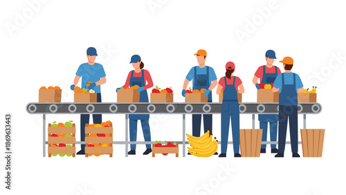 Several workers on a conveyor belt efficiently sorting and packing various fresh fruits, including oranges, apples, and bananas, into cardboard boxes for distribution.