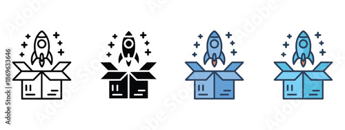 Launch icon set, multiple style collection featuring vector symbols for rocket launches, startup projects, app deployment, product release, space exploration, and professional digital design projects.