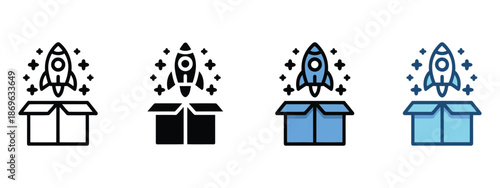 Launch icon set in multiple styles, including vector illustrations of rockets, takeoff symbols, startup, app launch, product release, and digital interface icons for web and mobile projects