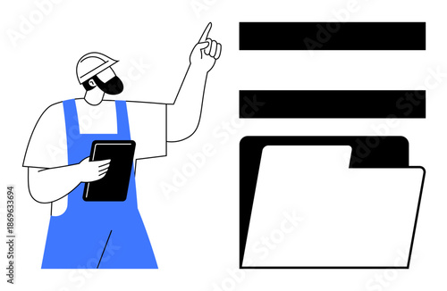 Construction worker in helmet pointing upward and holding clipboard beside large folder with tabs. Ideal for project management, task prioritization, organization, teamwork, planning, documentation