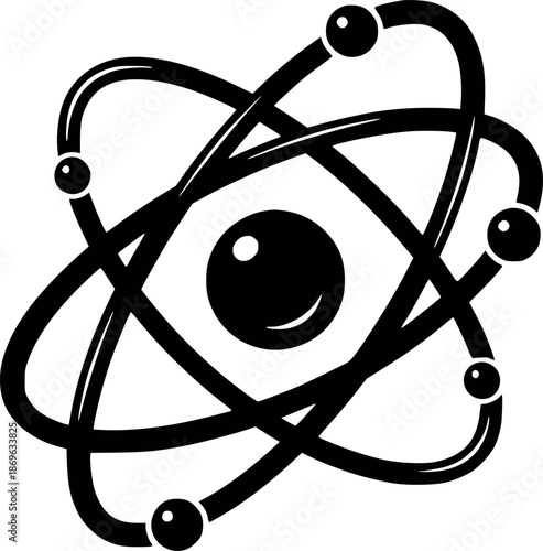 black and white icon vector illustration of an atom with electrons, representing science, nuclear physics and educational research