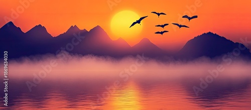 Silhouette Birds Flying Over Lake at Sunset, Mountains, Orange Sky, Serene Landscape.