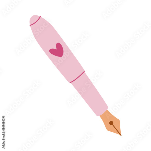 Cute pink fountain pen with heart, illustration of writing tool, ink pen for love letter