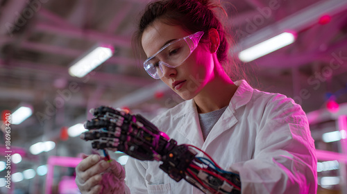 Scientist working on advanced robotic prosthetic hand in a modern laboratory