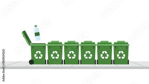 Person dropping a plastic bottle into a green recycling bin, which is one of several bins arranged in a row, symbolizing waste management and environmental responsibility.