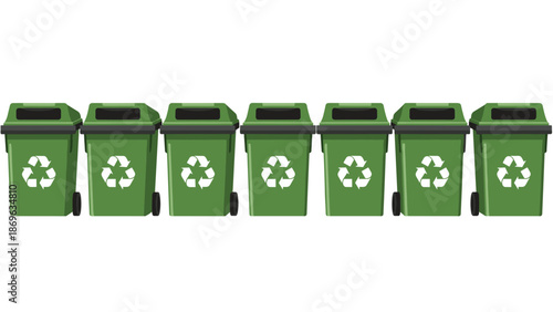 Row of six identical green recycling bins, each featuring a prominent recycling symbol, representing organized waste collection and a commitment to environmental sustainability.