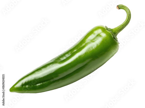 Vibrant, glossy, and freshly harvested green jalapeño pepper with a smooth, slightly curved exterior and a prominent stem, is lying diagonally on a clean white, isolated on transparent background.