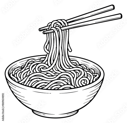 Line art illustration of a bowl of noodles depicting chopsticks picking up food for restaurant marketing
