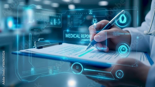 Medical doctor writing on clipboard with holographic medical report completed interface, visualizing digital healthcare data integration, hospital administration, and patient record management.